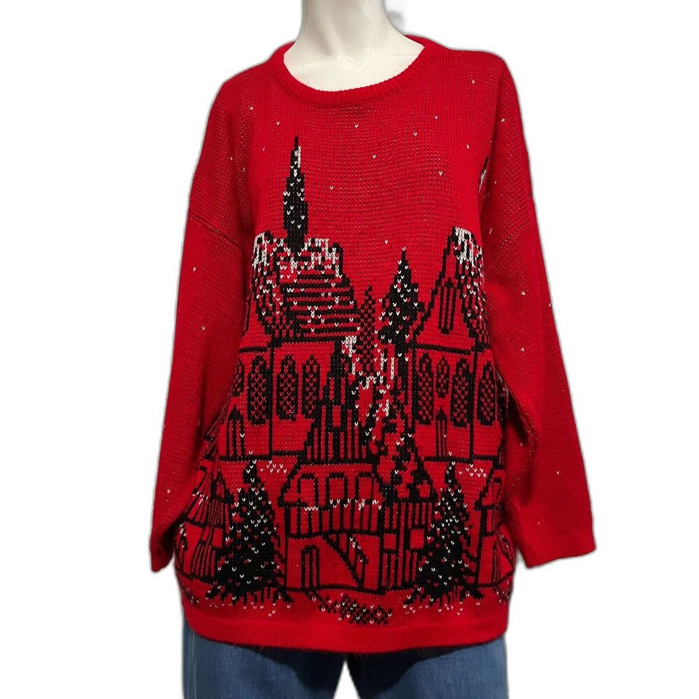 Precious Knits Women’s Vtg Christmas Sweater Red Black Silver USA Sz L/XL